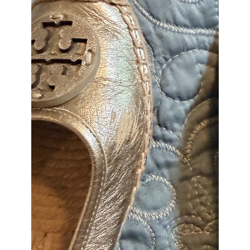 Tory Burch Eleanor Logo Espadrille Leather Flat Metallic Silver US 7.5M
